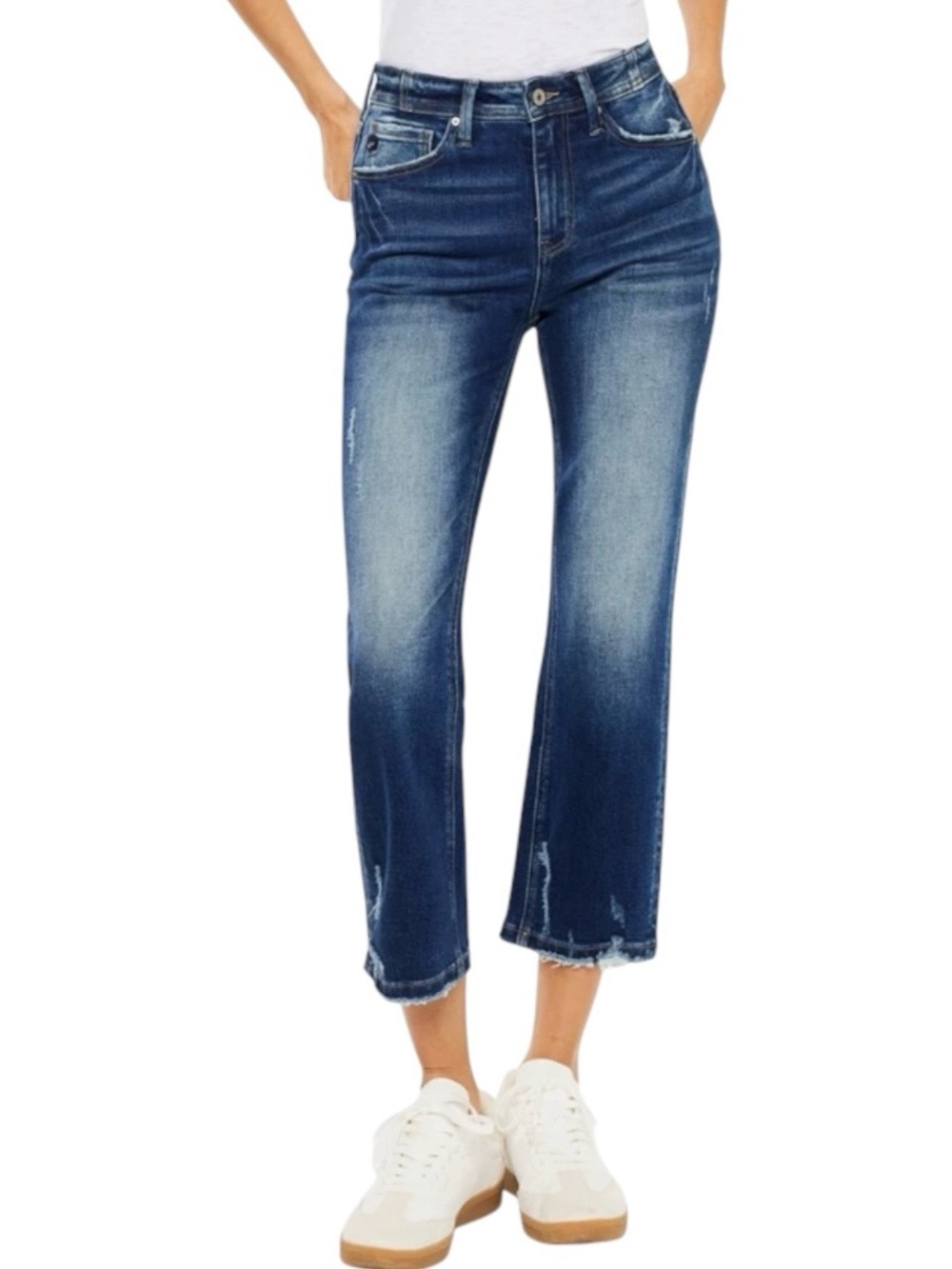 KanCan High Rise Slim Straight Cropped Jeans Dark Wash Distressed 25 NWOT 226810